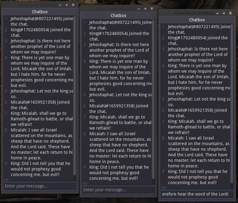 (Screenshot: A little chatplay using Jehoshaphat, Ahab, and Micaiah from 1 Kings 22.)