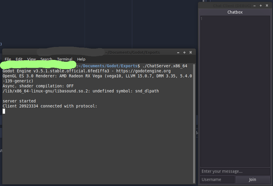 (Screenshot: Both applications are running and connecting to each other.)