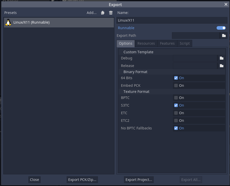 (Screenshot: Default export options for Linux.)