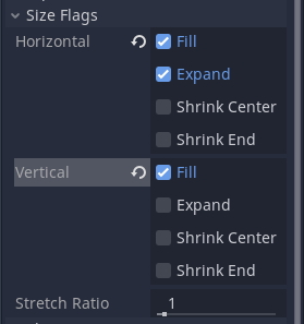 (Screenshot: VBoxContainer's Size Flags are checked for Horizontal Fill and Expand and Vertical Fill and Expand.)