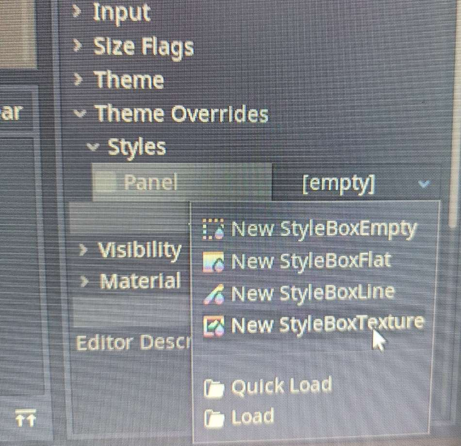 (Screenshot: The PanelContainer Inspector>Theme Overrides>Styles>Panel>New StyleBoxTexture.)