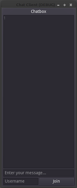 (Screenshot: The look of the UI - a title bar on top, a large TextEdit field for everyone's messages, and a LineEdit beneath for entering messages. If you are 'logged out,' a username field and join button will appear at the bottom.)