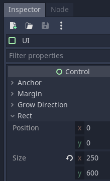 (Screenshot: PanelContainer Inspector>Rect>Size...x = 250 and y = 600.)